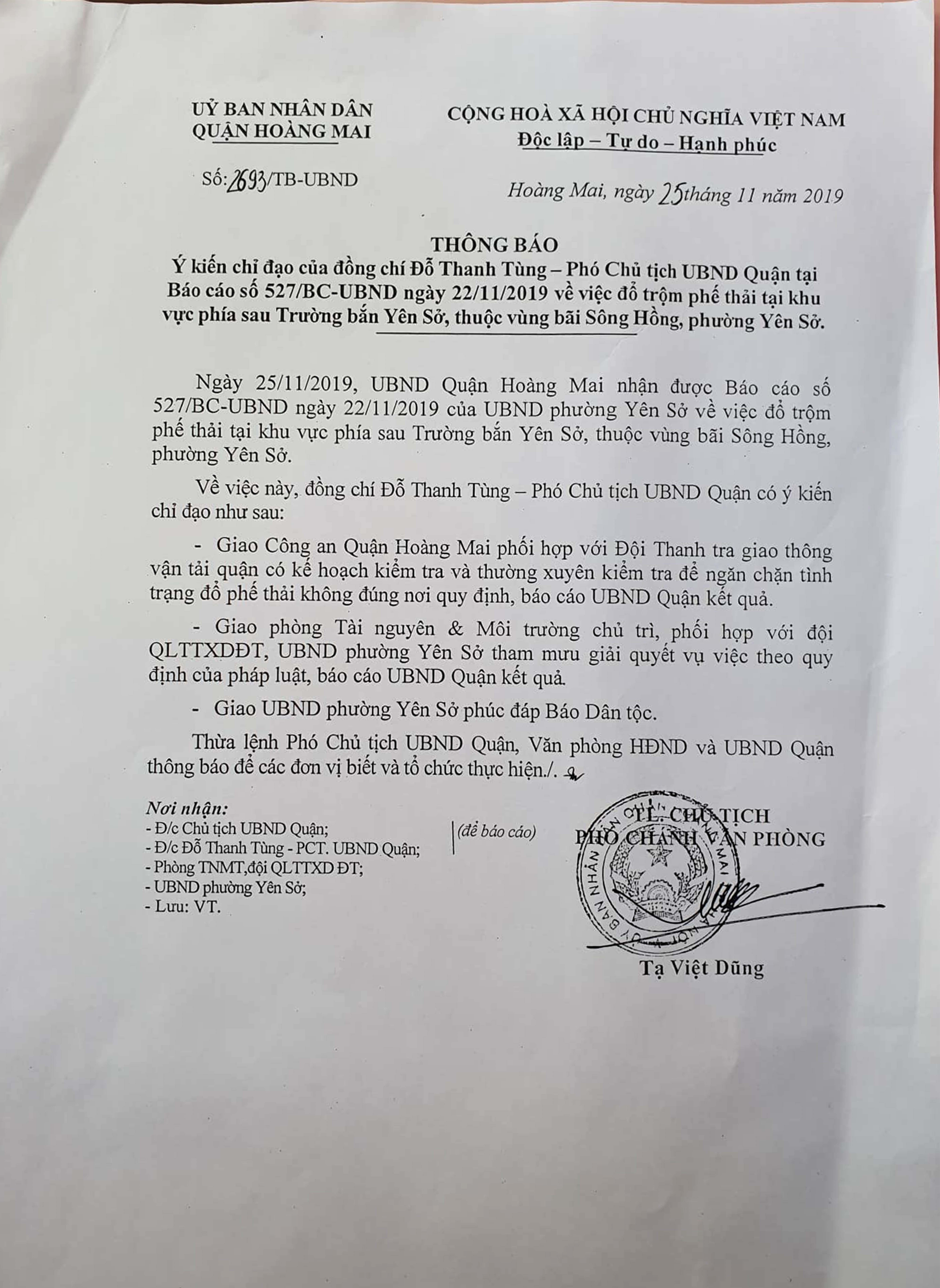 Một trong các văn bản của lãnh đạo UBND quận Hoàng Mai chỉ đạo xử lý vụ việc