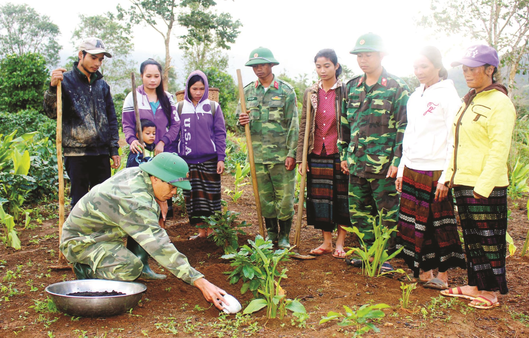 Cán bộ Đoàn KT-QP 377 hướng dẫn bà con Bru-Vân Kiều kỹ thuật trồng cây cà phê.