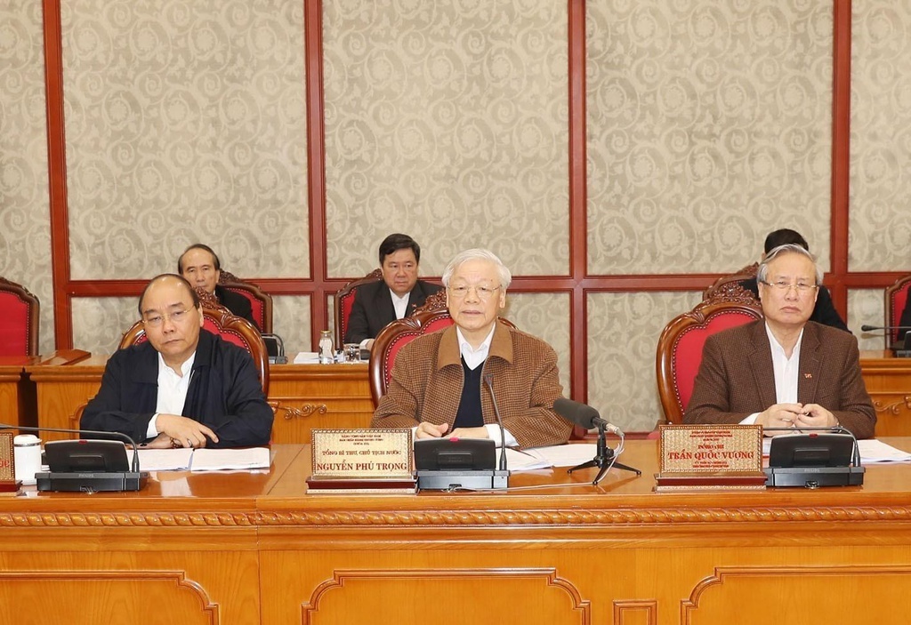 Tổng Bí thư, Chủ tịch nước Nguyễn Phú Trọng chủ trì phiên họp của Bộ Chính trị sáng 20/3 về công tác phòng, chống dịch COVID-19. Ảnh: TTXVN
