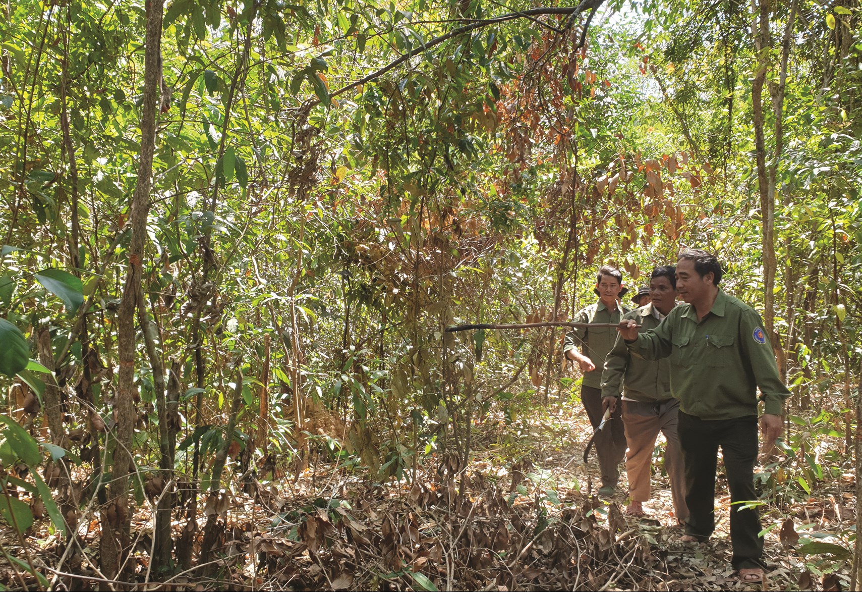 Cán bộ BQL rừng phòng hộ, người dân nhận khoán tuần tra bảo vệ rừng ở Ia Kreng