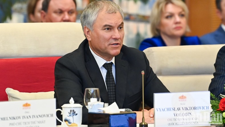 Chủ tịch Duma Quốc gia Quốc hội Liên bang Nga Vyacheslav Viktorovich Volodin phát biểu tại buổi hội đàm.