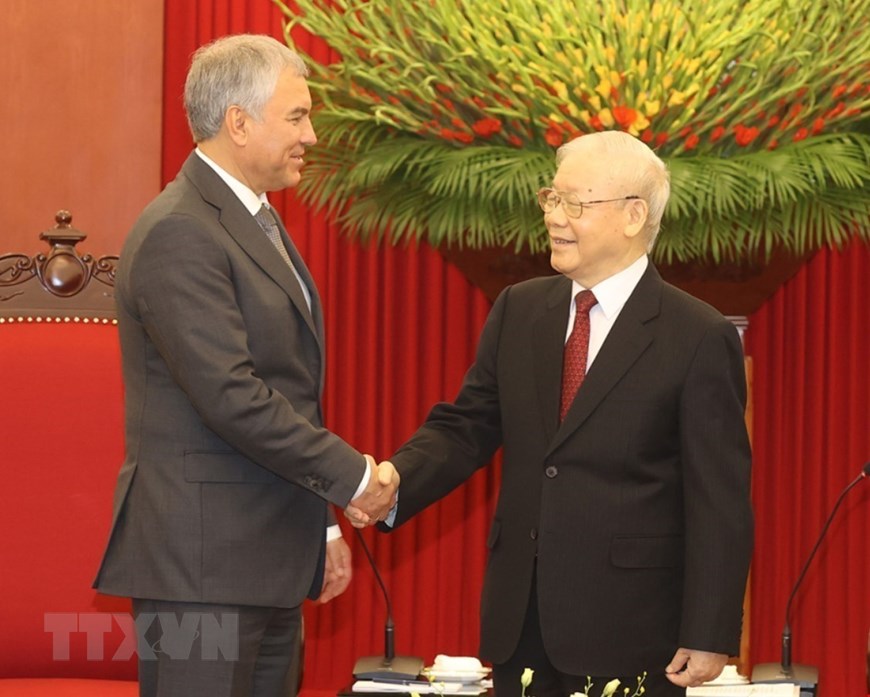 Tổng Bí thư Nguyễn Phú Trọng và Chủ tịch Duma Quốc gia Quốc hội Liên bang Nga Vyacheslav Viktorovich Volodin