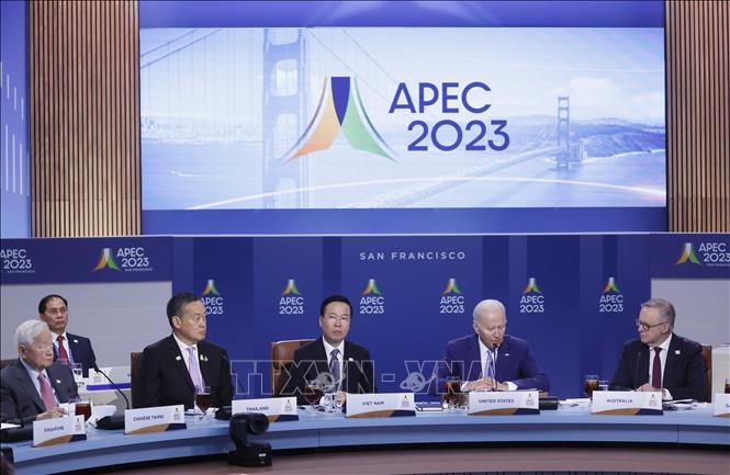 Chủ tịch nước Võ Văn Thưởng và các Nhà lãnh đạo APEC tại buổi làm việc - Ảnh: TTXVN
