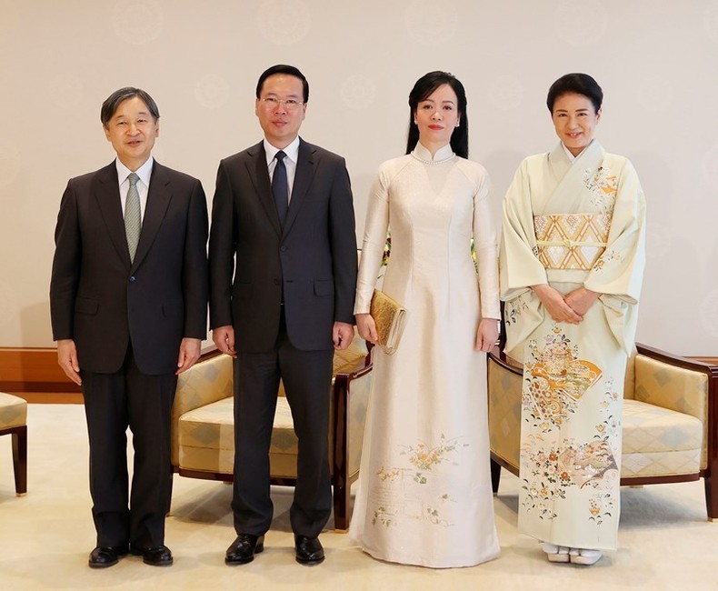 Chủ tịch nước Võ Văn Thưởng và Phu nhân Phan Thị Thanh Tâm hội kiến Nhà vua Naruhito cùng Hoàng hậu Nhật Bản Masako. (Ảnh: Thống Nhất-TTXVN)