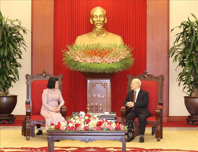 Tổng Bí thư Nguyễn Phú Trọng đánh giá cao ý nghĩa chuyến thăm của Chủ tịch Quốc hội Campuchia Khuon Sudary góp phần củng cố và tạo dấu ấn mới trong quan hệ Việt Nam-Campuchia - Ảnh: TTXVN