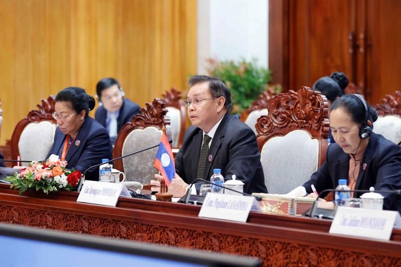 Chủ tịch Quốc hội Lào Saysomphone Phomvihane phát biểu.