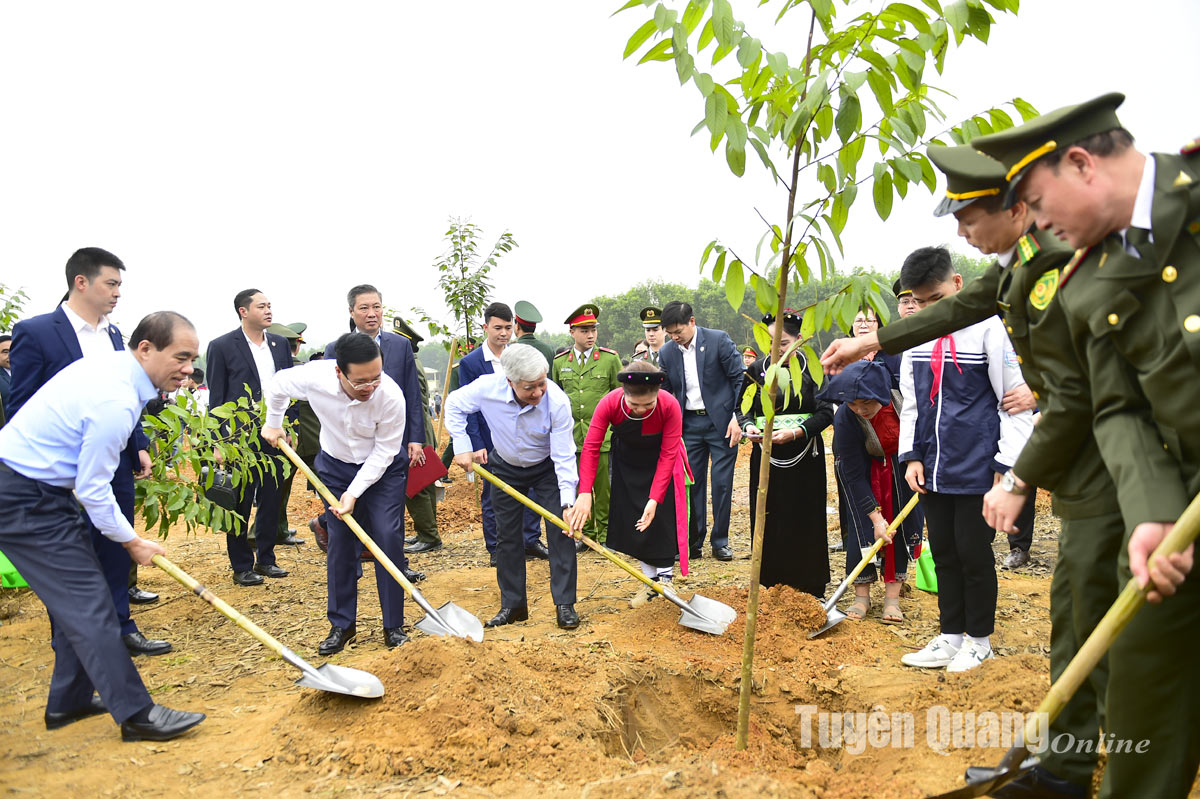 Chủ tịch nước Võ Văn Thưởng, Chủ tịch Ủy ban Trung ương MTTQ Việt Nam Đỗ Văn Chiến và Bí thư Tỉnh ủy Chẩu Văn Lâm trồng cây tại buổi lễ