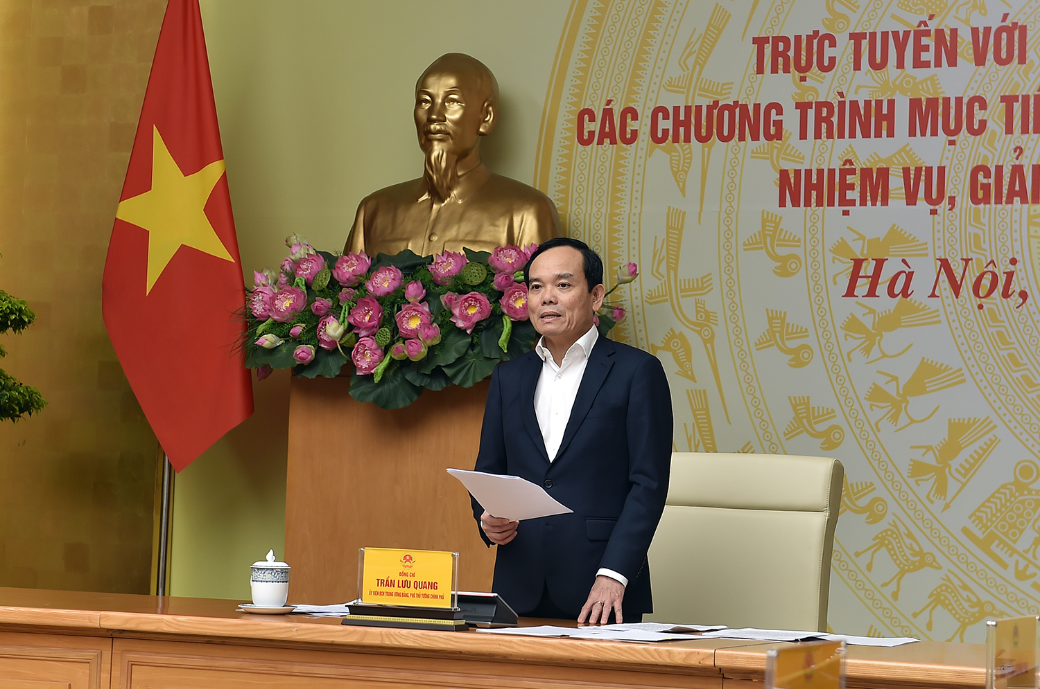 Phó Thủ tướng Trần Lưu Quang phát biểu tại cuộc họp trực tuyến với các địa phương về tiến độ thực hiện 3 Chương trình mục tiêu quốc gia - Ảnh: VGP/Hải Minh