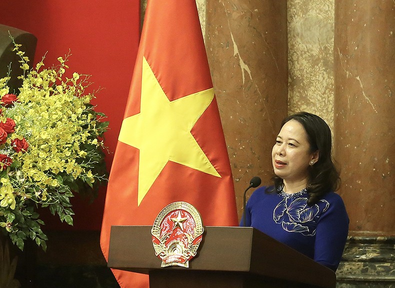 Quyền Chủ tịch nước Võ Thị Ánh Xuân phát biểu ý kiến tại buổi gặp mặt.