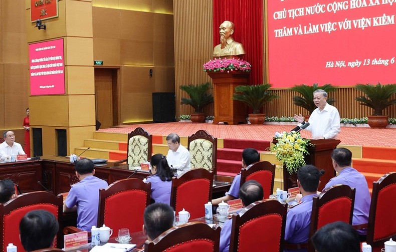 Chủ tịch nước Tô Lâm phát biểu kết luận tại buổi làm việc với Viện Kiểm sát nhân dân tối cao. (Ảnh: Nhan Sáng-TTXVN)