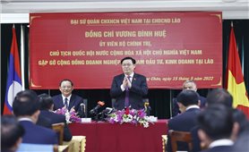 Chủ tịch Quốc hội Vương Đình Huệ gặp mặt cộng đồng doanh nghiệp Việt Nam tại Lào