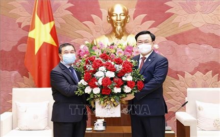 Chủ tịch Quốc hội Vương Đình Huệ tiếp Đại sứ Lào