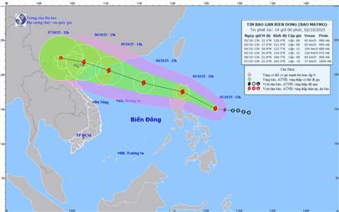 Bão Matmo đi nhanh, hướng vào vịnh Bắc bộ, gây sóng cao 8 mét