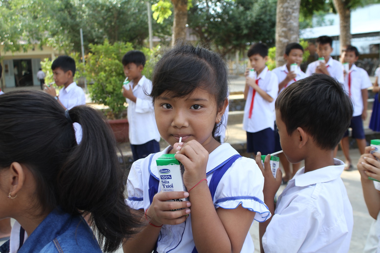 Học sinh Trường Tiểu học Tân Sơn, Trà Vinh hào hứng với hoạt động uống sữa tại trường