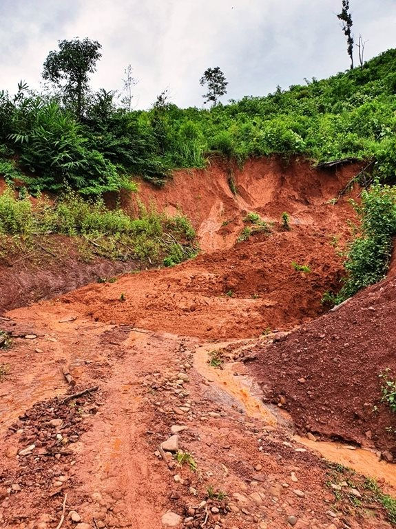 Một số tuyến giao thông liên xã, huyện Nậm Pồ bị đất tràn xuống lòng đường gây ách tắc giao thông nhiều giờ.