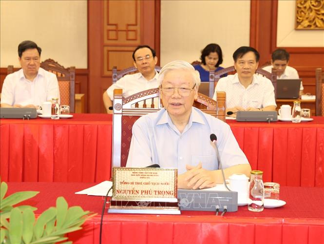 Tổng Bí thư, Chủ tịch nước Nguyễn Phú Trọng phát biểu chỉ đạo tại buổi làm việc với Ban Thường vụ Thành ủy Hà Nội. Ảnh: Trí Dũng/TTXVN