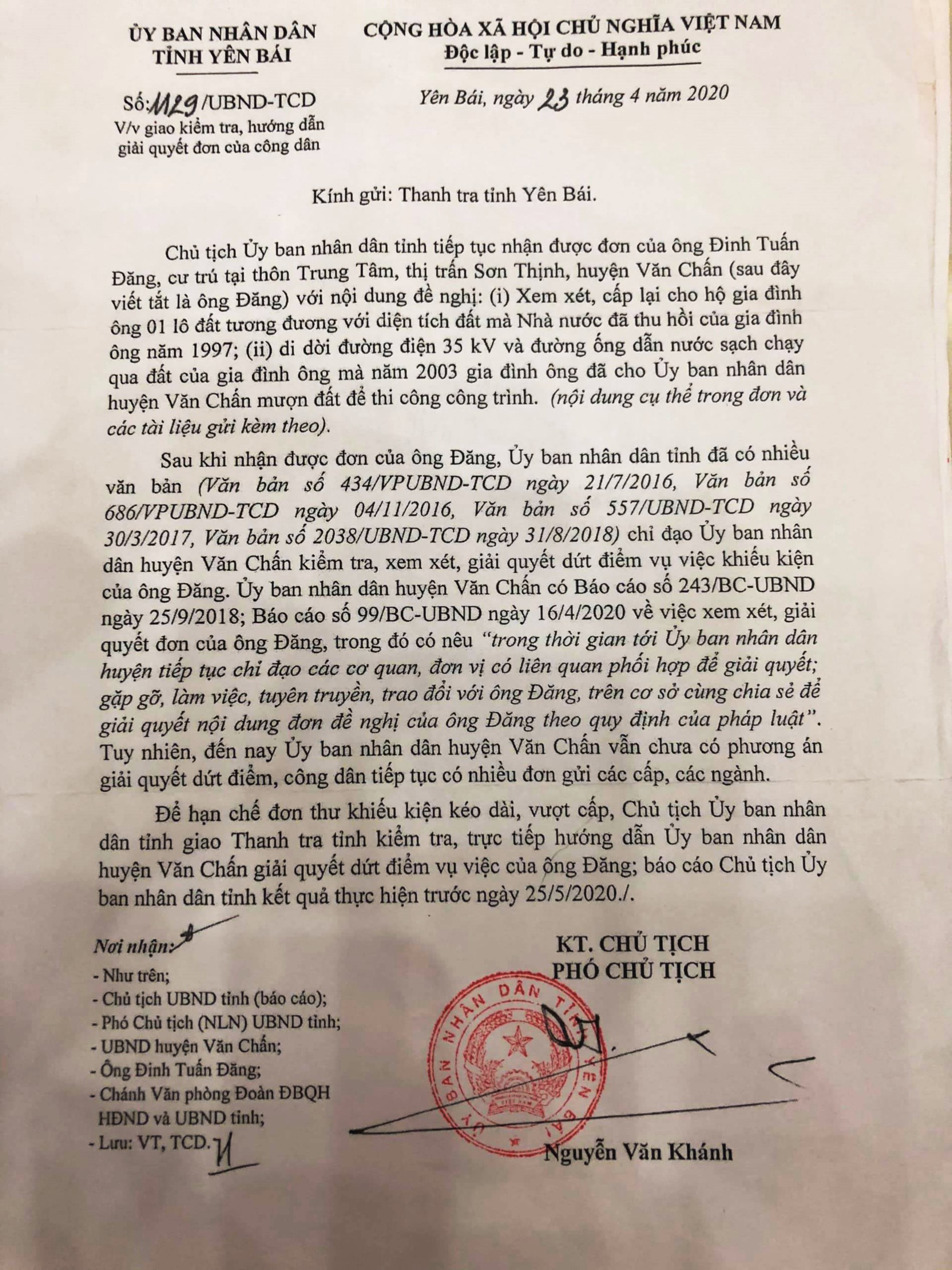 Văn bản của UBND tỉnh Yên Bái yêu cầu Thanh tra tỉnh kiểm tra, hướng dẫn xử lý dứt điểm vụ việc của ông Đăng