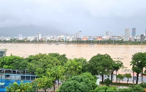 Nước lũ từ thượng nguồn đang về trên sông Hàn (TP Đà Nẵng) lúc 9h ngày 8/10 (ảnh: Đình Tăng)