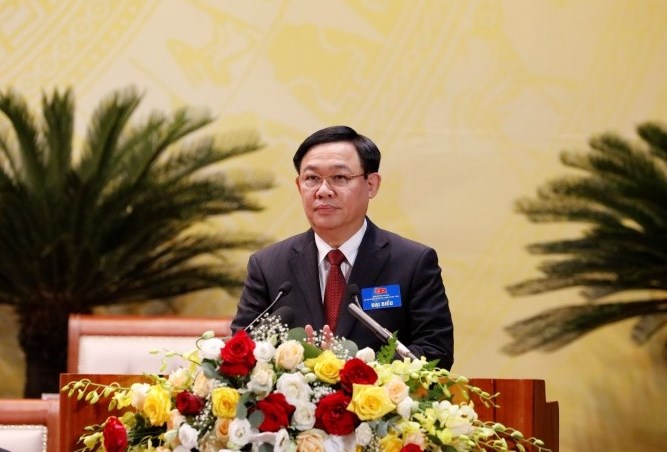 Đồng chí Vương Đình Huệ, Ủy viên Bộ Chính trị, Bí thư Thành ủy Hà Hội dự và phát biểu chỉ đạo Đại hội