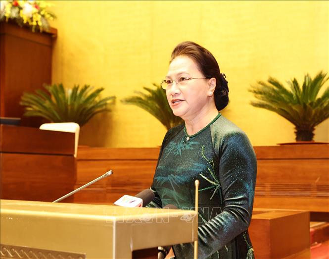 Chủ tịch Quốc hội Nguyễn Thị Kim Ngân phát biểu tại buổi gặp mặt. Ảnh: Trọng Đức/TTXVN