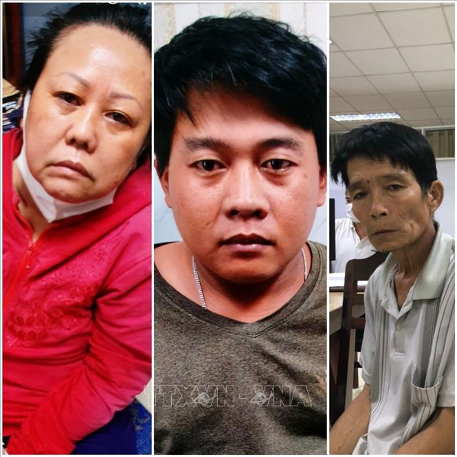 Ảnh từ trái sang phải: Phạm Thị Kim Hưởng, Nguyễn Tuấn Kiệt, Từ Thanh Liêm, 3 trong 5 đối tượng vừa bị bắt giữ. Ảnh: TTXVN phát