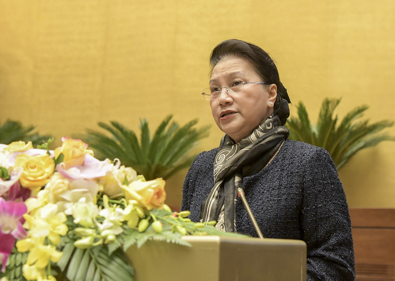 Chủ tịch Quốc hội Nguyễn Thị Kim Ngân - Chủ tịch Hội đồng bầu cử quốc gia phát biểu tại Hội Nghị