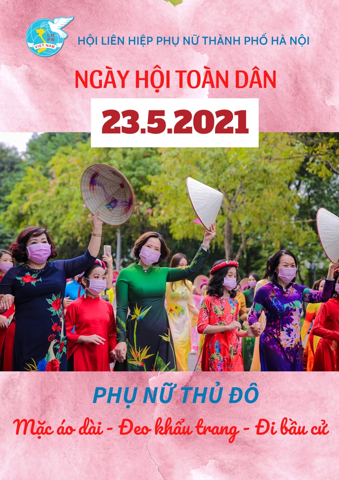 Pano, khẩu hiệu tuyên truyền vận động phụ nữ Thủ đô Hà Nội mặc áo dài đi bầu cử của Hội Liên hiệp Phụ nữ Hà Nội