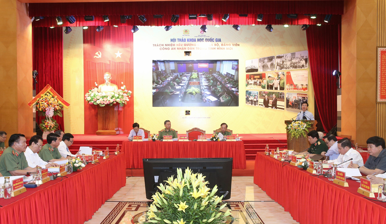 Quang cảnh Hội thảo khoa học quốc gia "Trách nhiệm nêu gương của cán bộ, đảng viên Công an nhân dân trong tình hình mới", sáng 29/6/2020, tại Hà Nội.