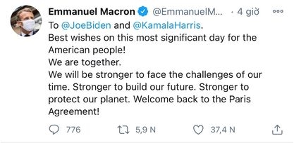 Thông điệp chúc mừng của Tổng thống Pháp Emmanuel Macron. (Ảnh cắt từ Twitter)