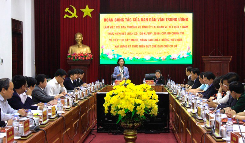 Trưởng Ban Dân vận Trung ương Trương Thị Mai phát biểu tại buổi làm việc với lãnh đạo chủ chốt tỉnh Lai Châu. Ảnh: Quý Trung – TTXVN
