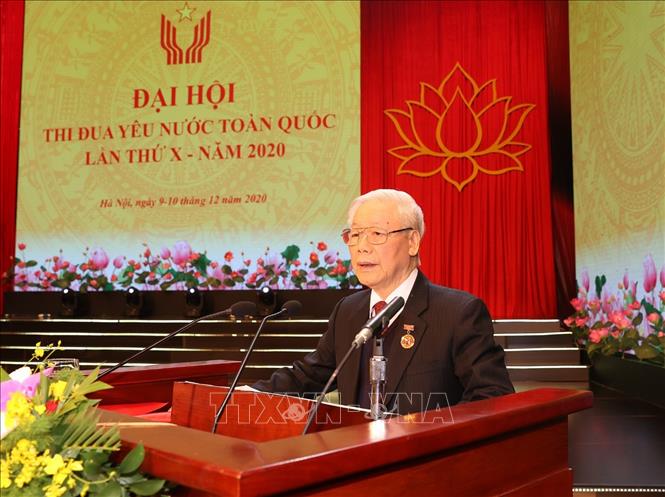 Tổng Bí thư, Chủ tịch nước Nguyễn Phú Trọng phát biểu chào mừng Đại hội Thi đua yêu nước toàn quốc lần thứ X. Ảnh: Trí Dũng/TTXVN