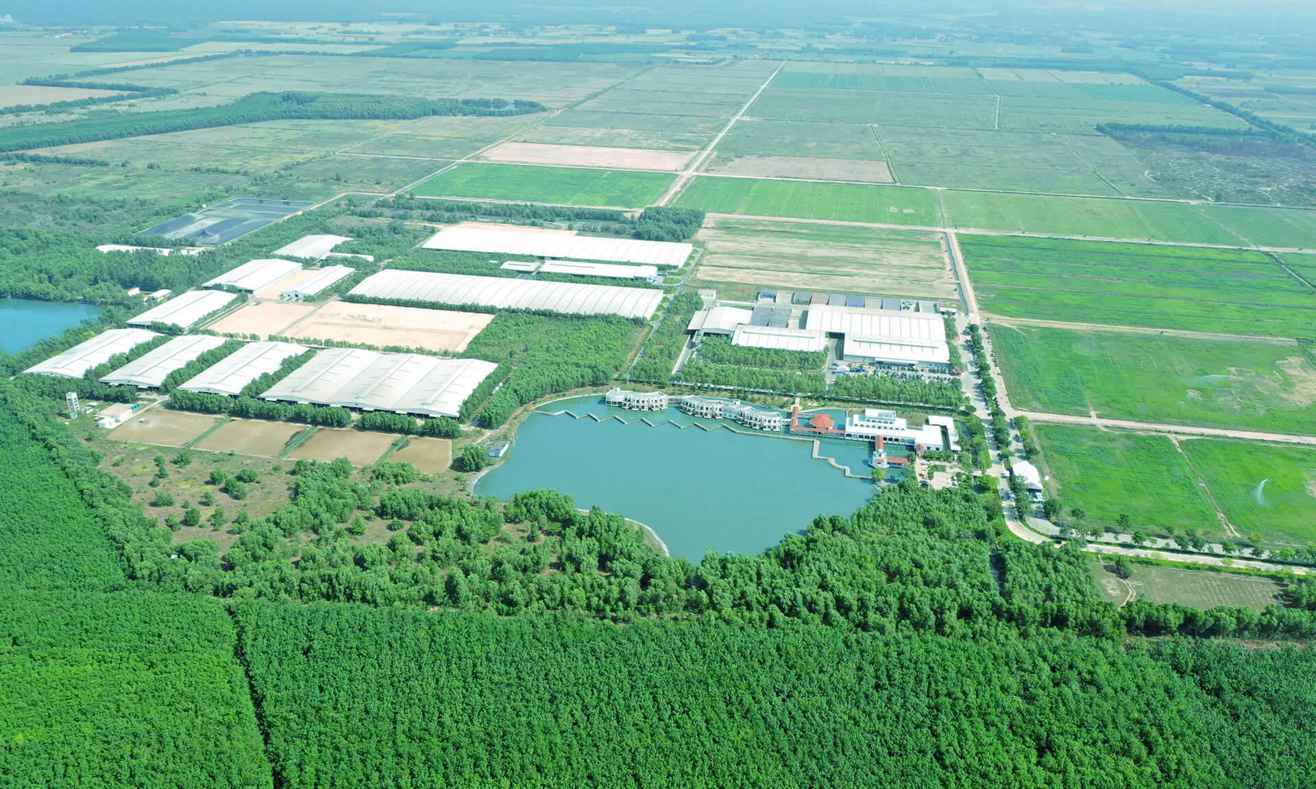 Toàn cảnh Trang trại sinh thái Vinamilk Green Farm Tây Ninh với 9 hồ nước điều hoà khí hậu, làm mát cho cả khu vực, tạo ra không gian mát mẻ ngay cả trong mùa nắng nóng cao điểm