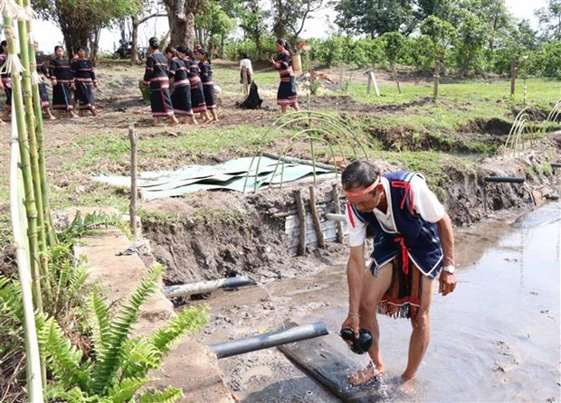 Già làng hứng những dòng nước đầu tiên vào bầu đựng nước sau lễ cúng Giọt nước. Ảnh: Hồng Điệp - TTXVN