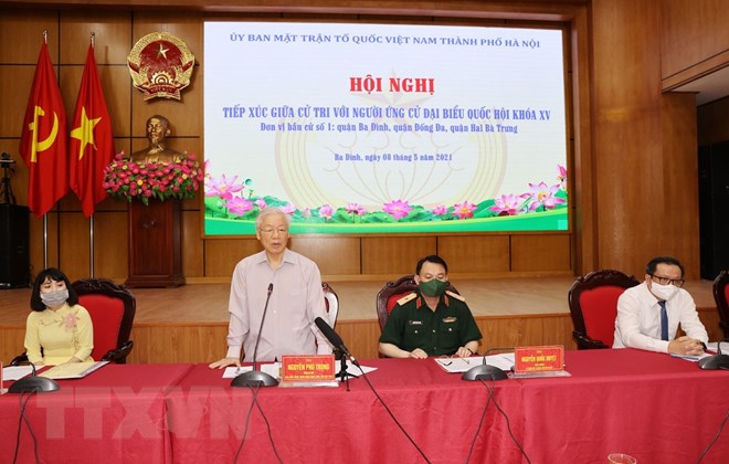 Tổng Bí thư Nguyễn Phú Trọng, Bí thư Quân uỷ Trung ương trình bày Chương trình hành động. Ảnh: Trí Dũng/TTXVN