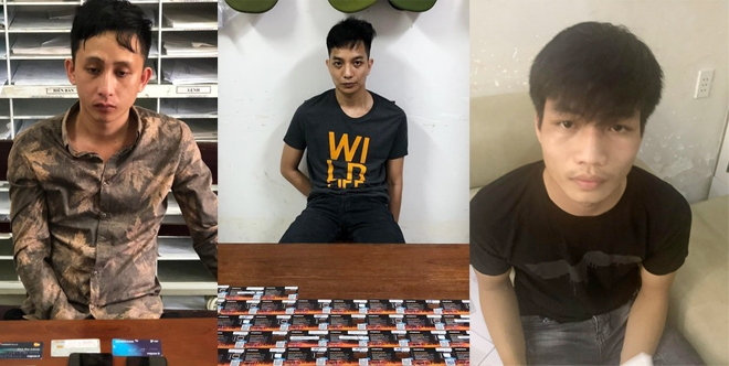 Nhóm đối tượng hack tài khoản chiếm đoạt 200 triệu đồng của chị T. bị Công an quận Đống Đa bắt giữ. Từ trái qua: Trương Huy Cường, Lê Minh Hoàng và Lưu Quốc Toàn.
