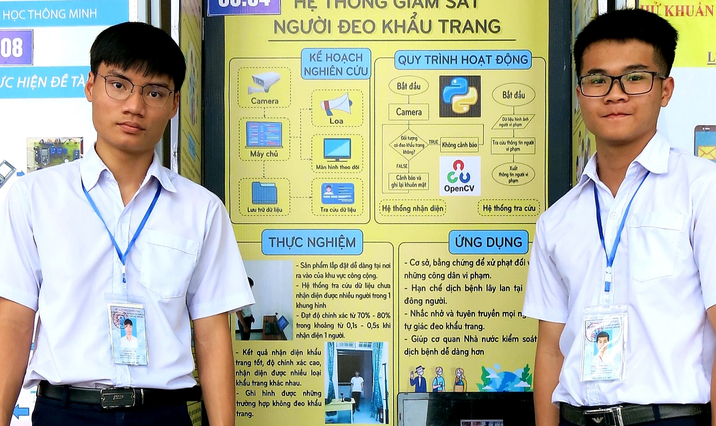 Sáng kiến của 2 em Quốc Anh (trái) và Đức Tài (phải) đã đạt giải Nhất tỉnh và giải Ba quốc gia tại Cuộc thi khoa học, kỹ thuật dành cho học sinh trung học 2020-2021 (Ảnh NVCC)
