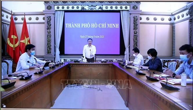 Điểm cầu TP Hồ Chí Minh tham dự họp trực tuyến. Ảnh: Phạm Kiên/TTXVN