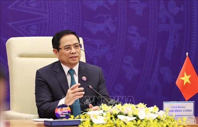 Thủ tướng Chính phủ Phạm Minh Chính phát biểu tại Hội nghị Thượng đỉnh Đối tác về Tăng trưởng xanh và Mục tiêu toàn cầu 2030. Ảnh: Dương Giang/TTXVN