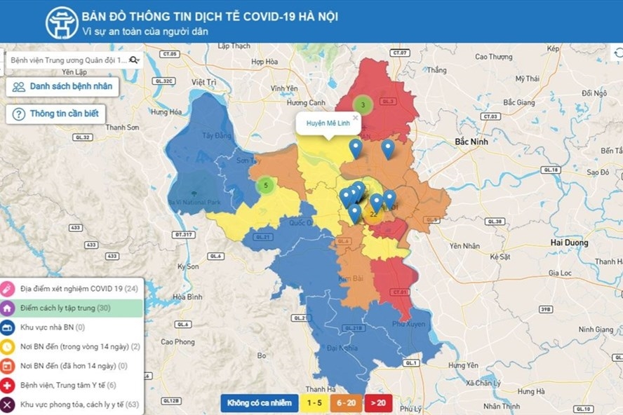 Bản đồ thông tin dịch tễ COVID-19 Hà Nội.