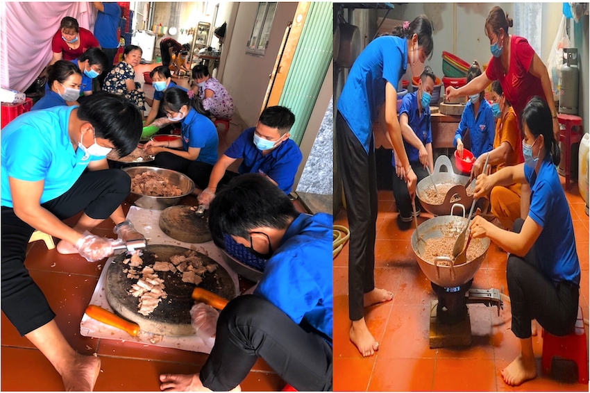 Các bạn đoàn viên, thanh niên ở thị xã Bình Long cùng người dân chung tay chế biến thức ăn khô để gửi hỗ trợ cho tỉnh Bắc Giang