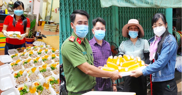 Hội viên Bùi Thị Thu Phương - Chi hội Nữ doanh nhân huyện biên giới Lộc Ninh (hình trái) tham gia nấu những suất ăn miễn phí để gửi tặng các chốt kiểm dịch và các khu cách ly - phong tỏa. (Ảnh: Ngọc Quế) 