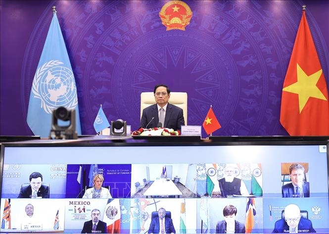 Thủ tướng Phạm Minh Chính phát biểu tại Phiên thảo luận mở Cấp cao của Hội đồng Bảo an Liên hợp quốc. Ảnh: Dương Giang/TTXVN