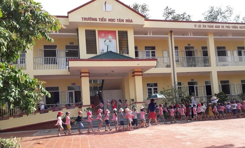 Trường Tiểu học Tân Hòa (Phú Bình – Thái Nguyên) tổ chức cho trẻ 5 tuổi tham quan trường lớp. Ảnh: NTCC