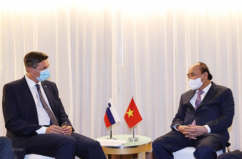 Chủ tịch nước Nguyễn Xuân Phúc gặp Tổng thống Slovenia Borut Pahor. (Ảnh: Thống Nhất/TTXVN)