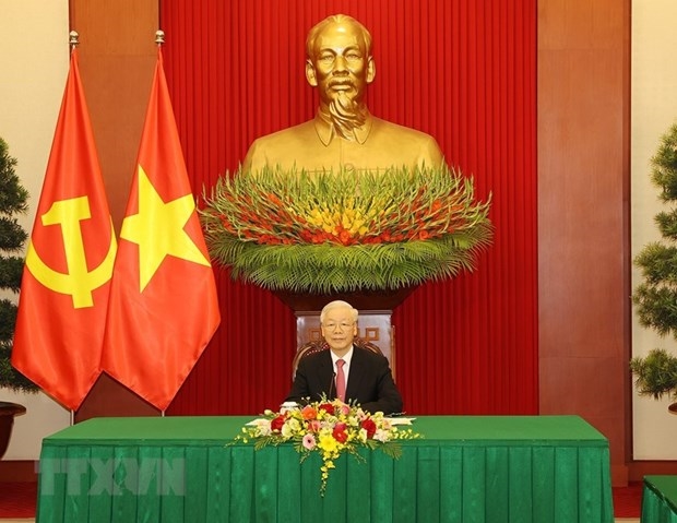 Tổng Bí thư Nguyễn Phú Trọng điện đàm với Tổng Bí thư, Chủ tịch nước Trung Quốc Tập Cận Bình. (Ảnh: Trí Dũng/TTXVN)