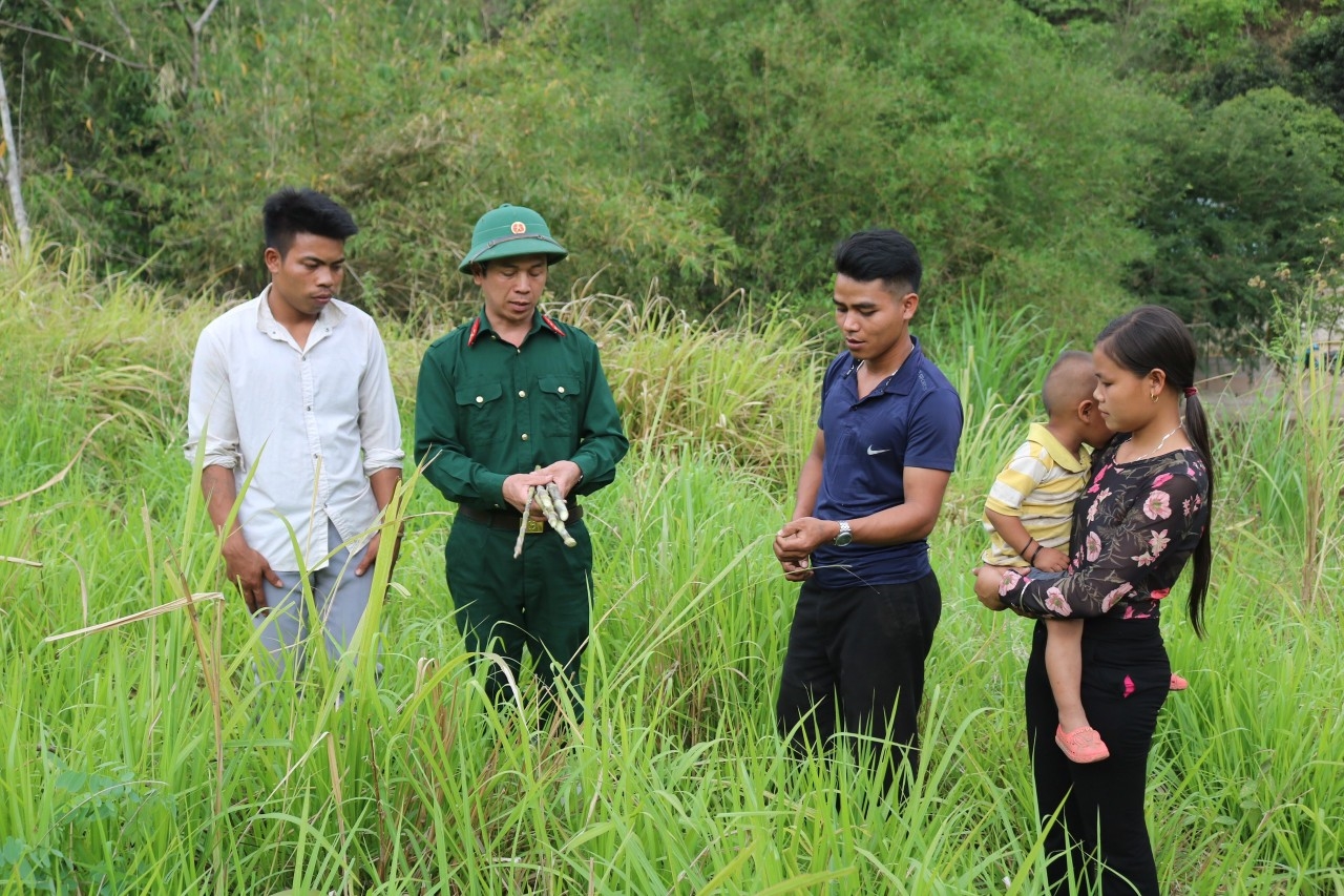 Cán bộ Đội sản xuất 1 tuyên truyền, hướng dẫn bà con thị trấn Mường Lát trồng cỏ voi