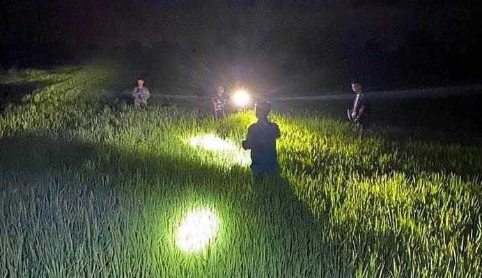 Các chiến sỹ Đồn Biên phòng cửa khẩu Quốc tế Mộc Bài bắt 2 đối tượng đang lẩn trốn trong ruộng lúa tìm đường xuất cảnh trái phép sang Campuchia. Ảnh: Lê Quân