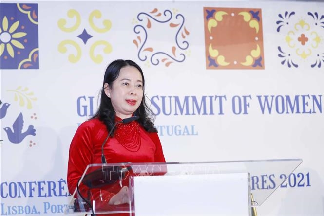 Phó Chủ tịch nước Võ Thị Ánh Xuân phát biểu tại Hội nghị Thượng đỉnh Phụ nữ toàn cầu 2021. Ảnh: TTXVN