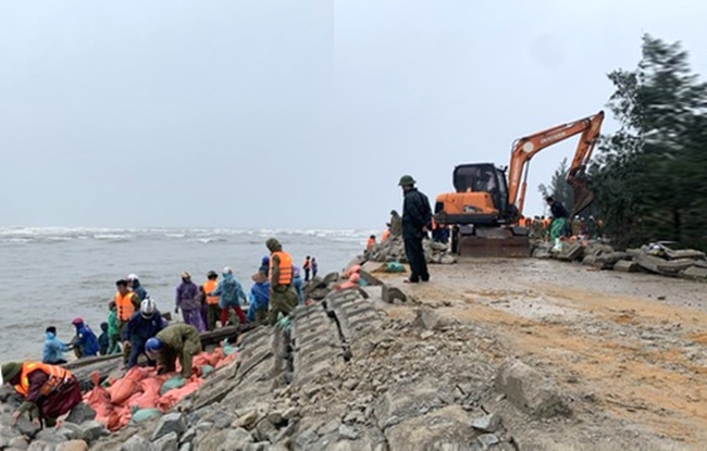 Lực lượng chức năng nỗ lực khắc phục tuyến đê kè Thịnh Lộc, huyện Lộc Hà, tỉnh Hà Tĩnh