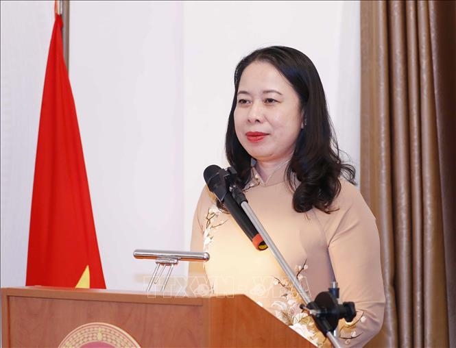 Phó Chủ tịch nước Võ Thị Ánh Xuân phát biểu tại buổi gặp mặt. Ảnh: Phương Hoa/TTXVN